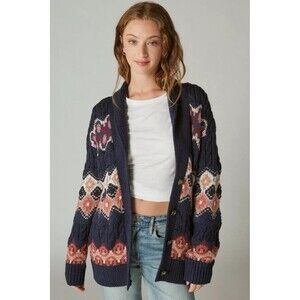 Lucky Brand Women's Shawl-Collar Knit Trendy Cardigan Sweater Navy Blue Multi S